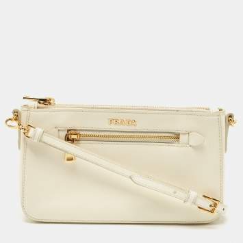 Pre Owned Prada White Saffiano Lux Leather Front Pocket Crossbody Bag