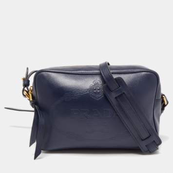 Pre Owned Prada Navy Blue Logo Embossed Leather Camera Crossbody Bag