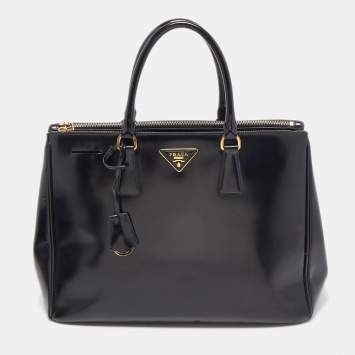 Pre Owned Prada Black Glossy Leather Large Galleria Double Zip Tote