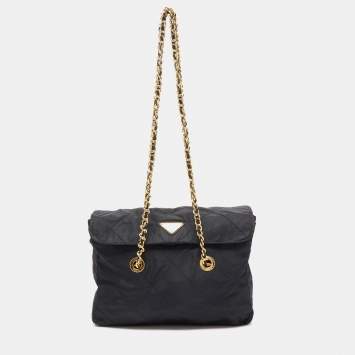 Pre Owned Prada Black Quilted Nylon and Leather Logo Flap Chain Bag