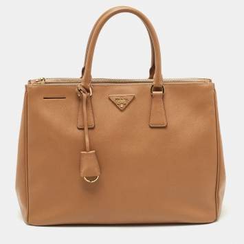 Pre Owned Prada Tan Saffiano Leather Medium Galleria Double Zip Tote