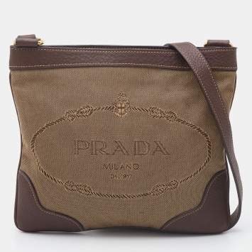 Pre Owned Prada Brown/Beige Logo Jacquard Canvas and Leather Messenger Bag