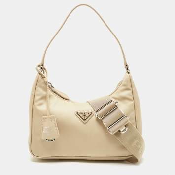 Pre Owned Prada Cream Nylon and Leather Re-Edition 2005 Baguette Bag