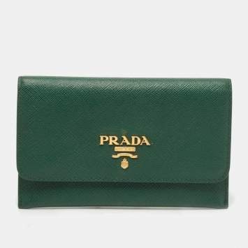 Pre Owned Prada Green Saffiano Leather Logo Flap Card Case
