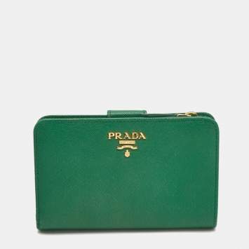 Pre Owned Prada Green Saffiano Metal Leather Logo French Wallet
