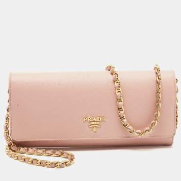 مملوكة مسبقًا Prada Pink Saffiano Leather Wallet On Chain