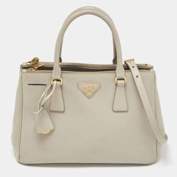 Pre Owned Prada Light Grey Saffiano Lux Leather Small Galleria Double Zip Tote