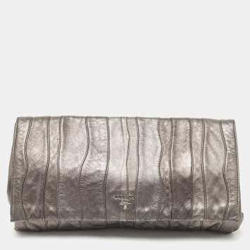 Pre Owned Prada Metallic Dark Grey Wave Leather Oversized Clutch