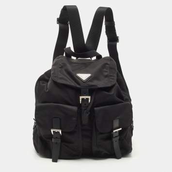 Pre Owned Prada Black Re-Nylon and Saffiano Leather Medium Backpack