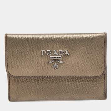 Pre Owned Prada Metallic Saffiano Metal Leather Logo Flap Card Case