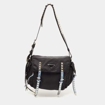 Pre Owned Prada Black/Blue Nylon and Leather New Vela Studded Messenger Bag