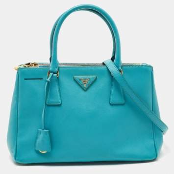 Pre Owned Prada Turquoise Green Saffiano Lux Leather Small Double Zip Tote
