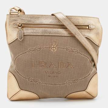 Pre Owned Prada Beige/Gold Logo Jacquard Canvas and Leather Messenger Bag