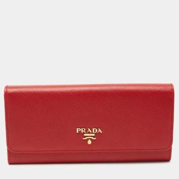Pre Owned Prada Red Saffiano Metal Leather Logo Flap Continental Wallet