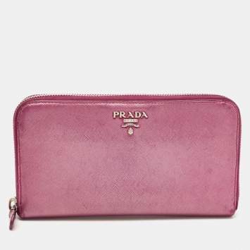 Pre Owned Prada Metallic Magenta Saffiano Metal Leather Zip Around Wallet