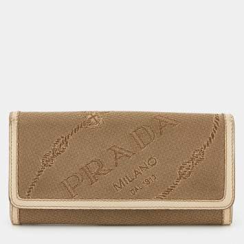 Pre Owned Prada Beige Jacquard Logo Canvas and Leather Flap Continental Wallet