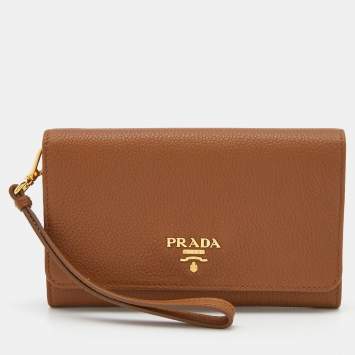Pre Owned Prada Tan Leather Flap Wristlet Wallet