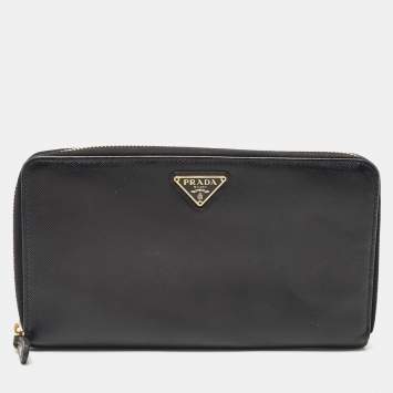 Pre Owned Prada Black Saffiano Leather Zip Around Clutch