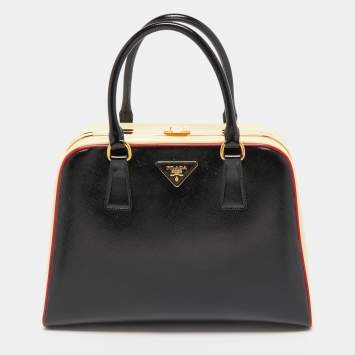 Pre Owned Prada Tri Color Saffiano Patent Leather Pyramid Frame Satchel