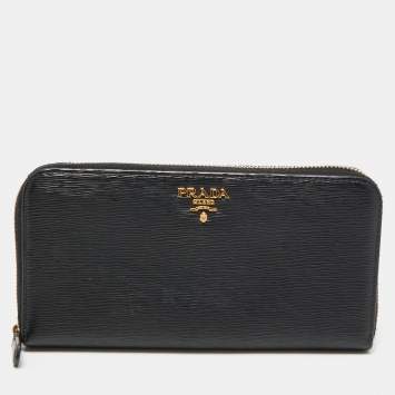 Pre Owned Prada Black Leather Zip Around Continental Wallet