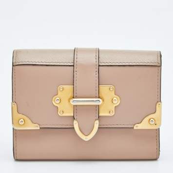 Pre Owned Prada Beige Leather Cahier Trifold Wallet