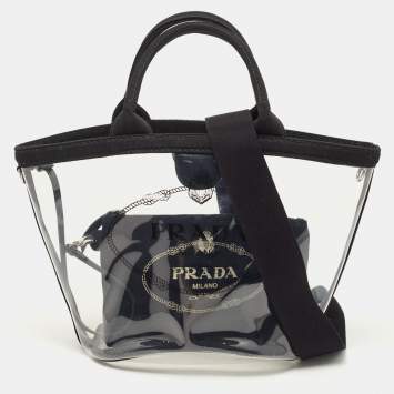 Pre Owned Prada Black/Clear PVC and Canvas Logo Beach Tote