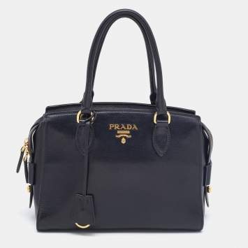 Pre Owned Prada Black Glazed Leather Zip Satchel