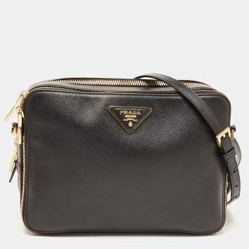 Pre Owned Prada Black Saffiano Lux Leather Double Zip Camera Crossbody Bag