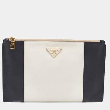 Pre Owned Prada White/Black Saffiano Leather Zip Clutch
