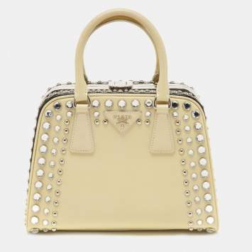 Pre Owned Prada Off White/Black Saffiano Vernice Leather Small Crystal Studded Pyramid Frame Satchel