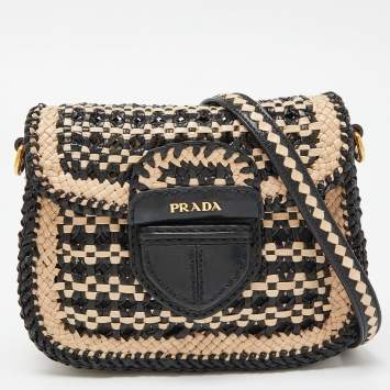Pre Owned Prada Beige/Black Woven Madras Leather Crossbody Bag