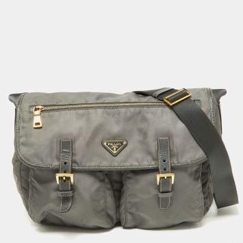 Pre Owned Prada Grey Nylon and Leather Buckle Messenger Bag