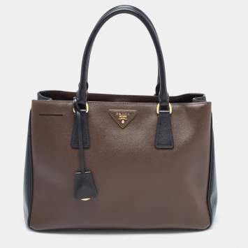 Pre Owned Prada Brown/Black Saffiano Leather Medium Galleria Double Zip Tote