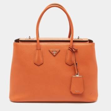 Pre Owned Prada Orange Saffiano Leather Large Twin Tote