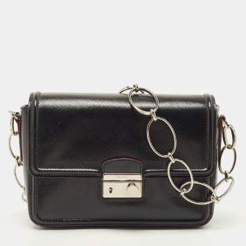 Pre Owned Prada Black Saffiano Patent Leather Sound Chain Shoulder Bag