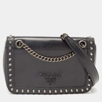 Pre Owned Prada Black Glace Leather Studded Flap Shoulder Bag