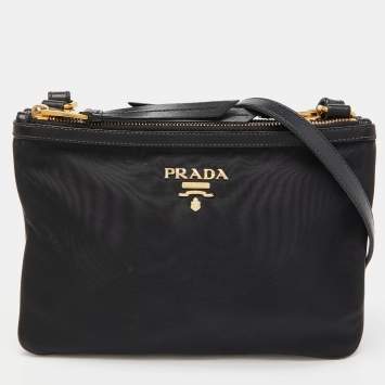 Pre Owned Prada Black Nylon and Leather Logo Double Zip Crossbody Bag  