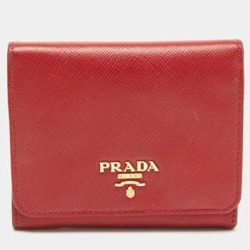 Pre Owned Prada Red Saffiano Metal Leather Logo Trifold Compact Wallet