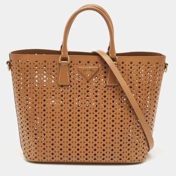 Pre Owned Prada Tan Lasercut Saffiano Leather Open Tote