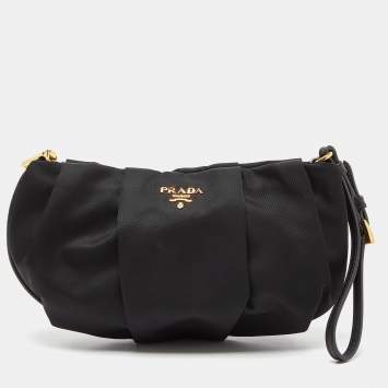 Pre Owned Prada Black Pleated Nylon Wristlet Clutch