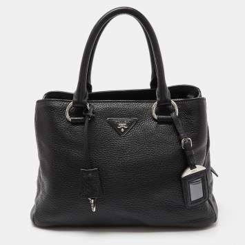 Pre Owned Prada Black Vitello Daino Leather Medium Zip Around Convertible Tote 