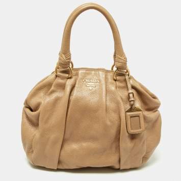 Pre Owned Prada Beige Shine Leather Zip Hobo