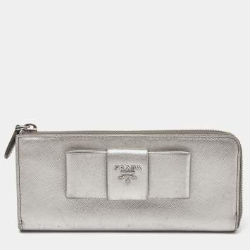 Pre Owned Prada Silver Saffiano Lux Leather Zip Around Wallet