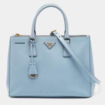 Pre Owned Prada Sky Blue Saffiano Lux Leather Medium Double Zip Tote