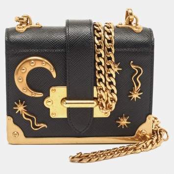 Pre Owned Prada Black Saffiano Leather Cahier Wallet on Chain