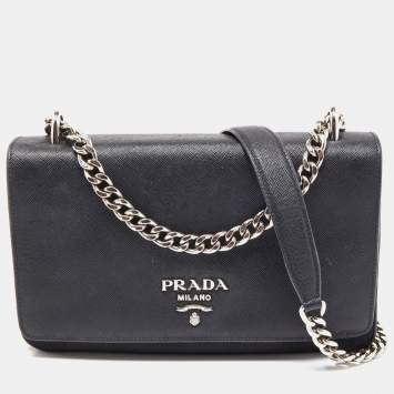 مملوكة مسبقًا Prada Black Saffiano Leather and Nylon Logo Flap Shoulder Bag