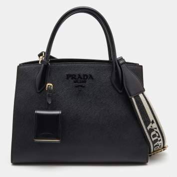 Pre Owned Prada Black Saffiano Leather Medium Monochrome Tote