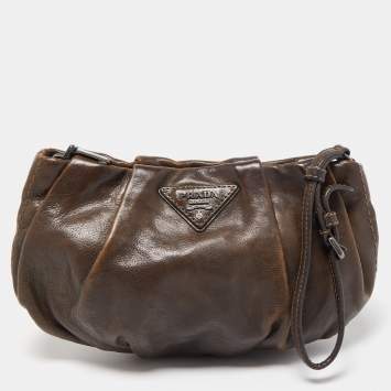 Pre Owned Prada Dark Brown Ruched Leather Wristlet Clutch