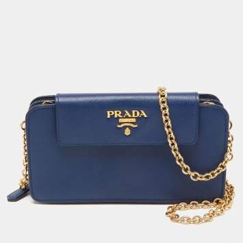 Pre Owned Prada Blue Saffiano Leather Metal Oral Phone Wallet On Chain