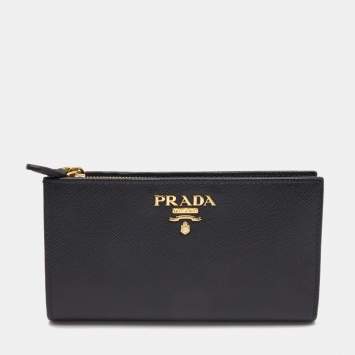 Pre Owned Prada Black Saffiano Metal Leather Middle Zip Wallet